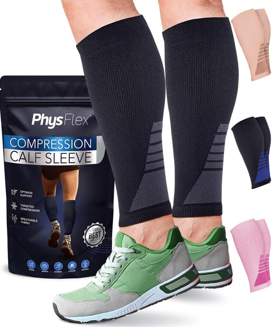 Calf Compression Sleeves for Men and Women - (1 Pair) Footless Compression Socks Support for Varicose Vein, Nursing, Pregnancy, Running - PhysFlex Leg Sleeve Brace for Shin Splints, Pain Relief and Reduces Swelling (Black, Medium) - Available at All In One Marketplace Canada