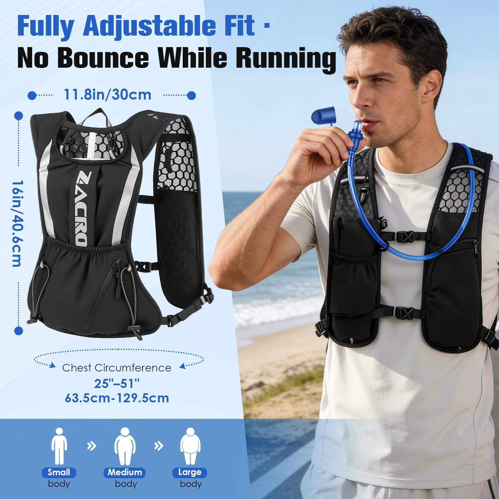 Zacro Running Vest for Men Women, Lightweight Hydration Vest with 2L Water Bladder, Adjustable No Bounce Fit, Breathable Reflective Vest for Marathon, Trail, Hiking, Cycling - Available at All In One Marketplace Canada