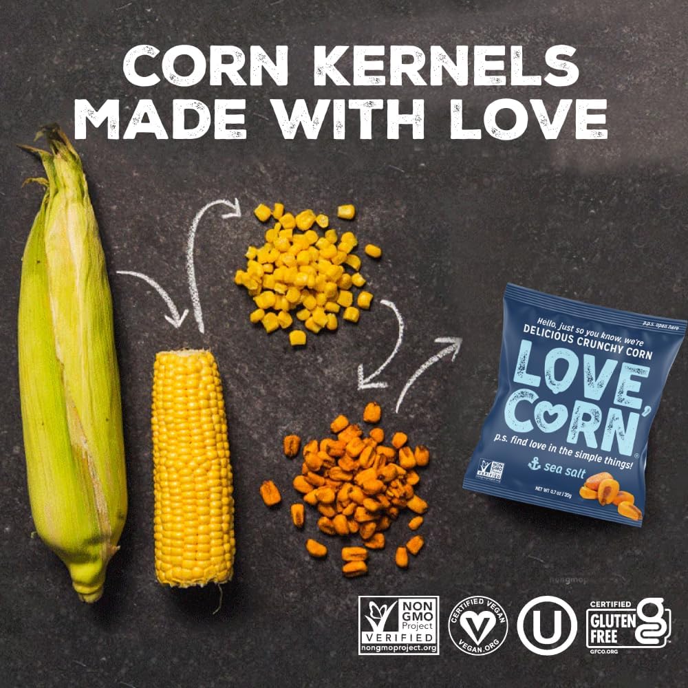 LOVE CORN Sea Salt Roasted Corn Snack - 21 Pack (0.7oz Each) - Gluten Free, Kosher & Non-GMO