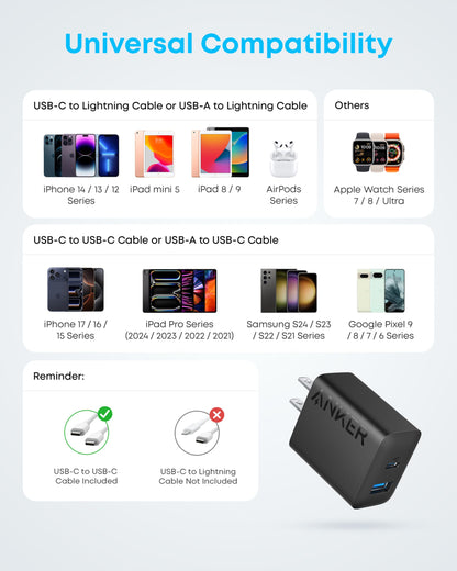 Anker iPhone 17/16 Charger, 2-Pack 20W Fast USB C Charger Block, for iPhone 17/16/16 Pro Max/15 Series/iPad Pro and More (2 Pack & 2 Cable)(Black) - Available at All In One Marketplace Canada