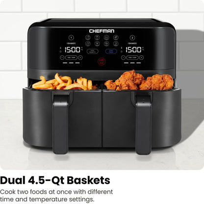 Chefman TurboFry 9-Qt. Dual-Basket Air Fryer with Sync Finish, One-Touch Digital Control, & Shake Reminder for Quick, Healthy, Family-Sized Meals, Black Chefman