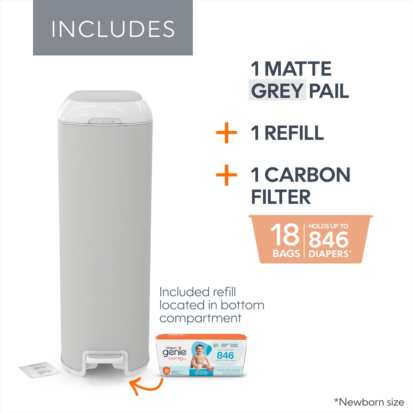 Diaper Genie Platinum Diaper Pail, Stone Grey - Made in Durable Stainless Steel and Includes 1 Easy Roll Refill with 18 Bags - Available at All In One Marketplace Canada