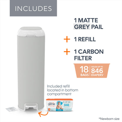 Diaper Genie Platinum Diaper Pail, Stone Grey - Made in Durable Stainless Steel and Includes 1 Easy Roll Refill with 18 Bags - Available at All In One Marketplace Canada
