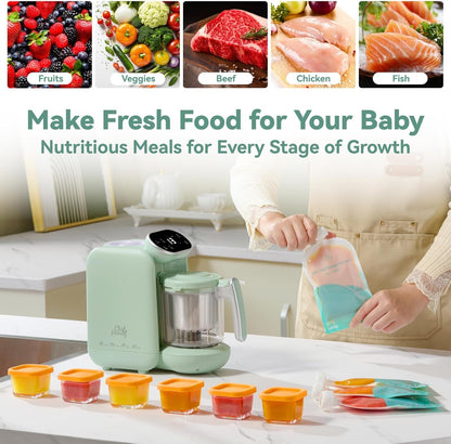 Chefhandy Baby Food Maker with Stainless Steel Steam Basket, 5-in-1 Baby Food Processor, Steamer & Blender, Auto Cooking, Pureeing, Reheating & Steam Cleaning, BPA-Free, 6 Reusable Pouches, Green