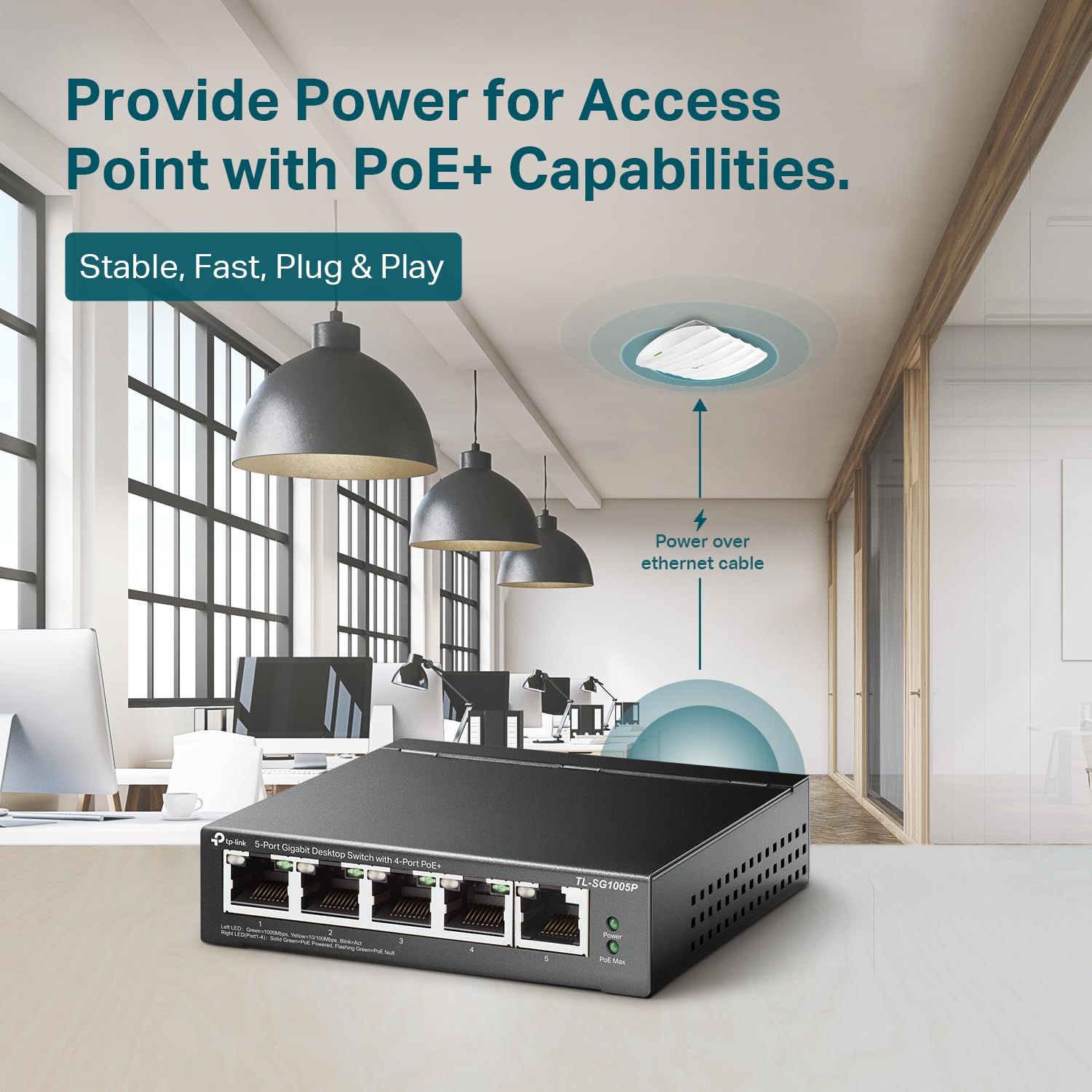 TP-Link 5–Port Gigabit PoE Switch, 4 PoE+ Ports @65W, Fanless, Black (TL-SG1005P)