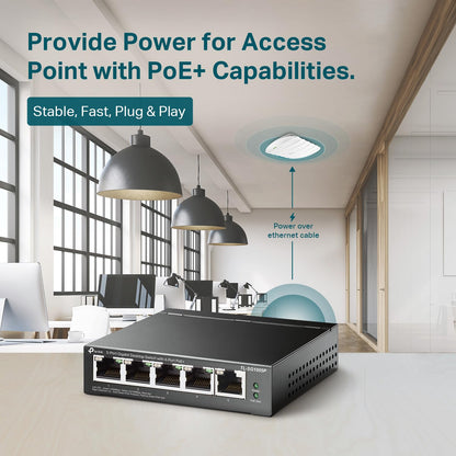 TP-Link 5–Port Gigabit PoE Switch, 4 PoE+ Ports @65W, Fanless, Black (TL-SG1005P)