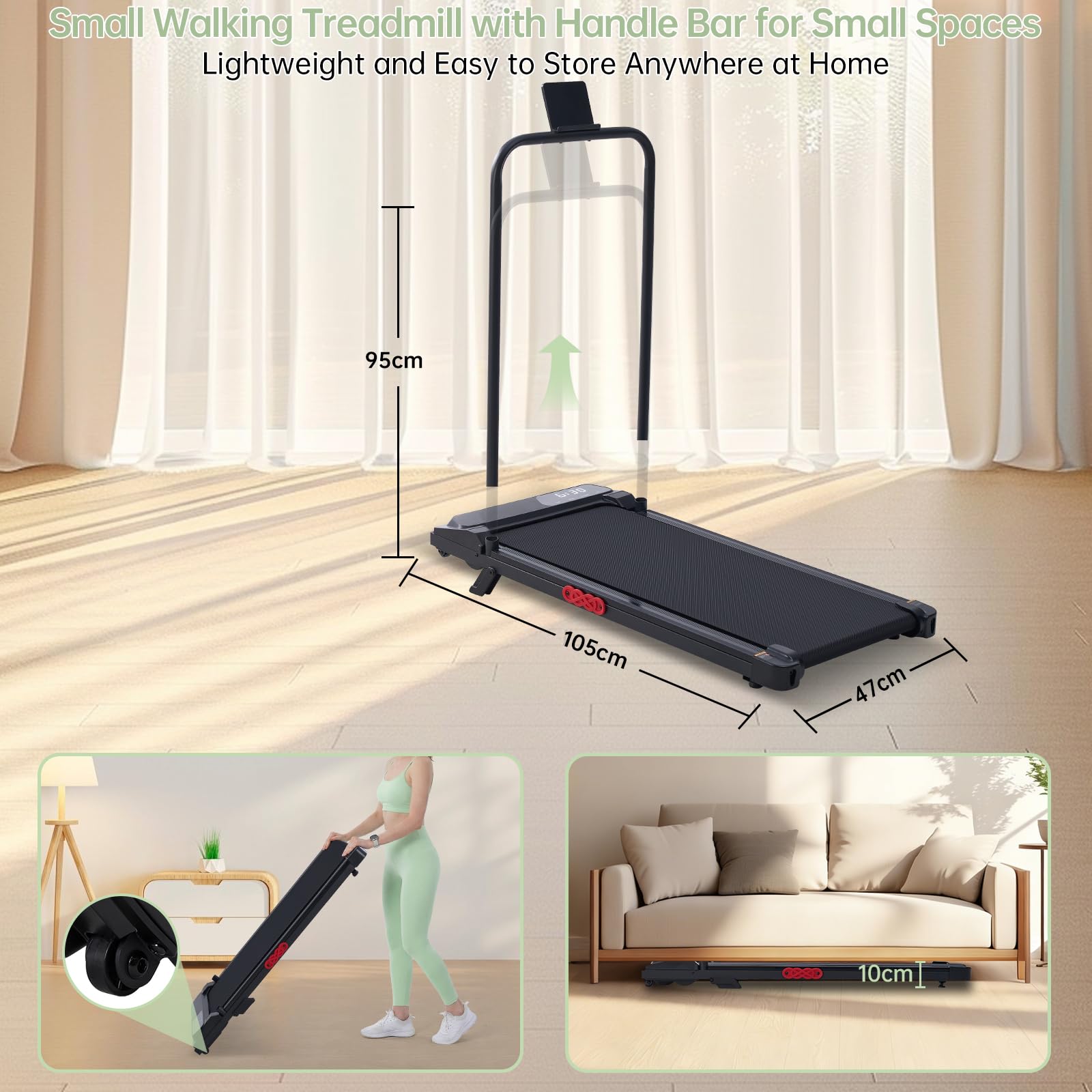 Walking Pad Treadmill with Handle Bar, 3.0HP Portable Small Walking Treadmills for Home Small, 0.6-7.6MPH Compact Treadmill for Exercising, Under The Desk Mini Treadmills with Incline, Model V407 - Available at All In One Marketplace Canada