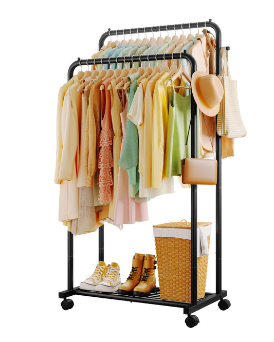 Sakugi Double-Rod Metal Clothing Rack with Wheels, Black - Available at All In One Marketplace Canada