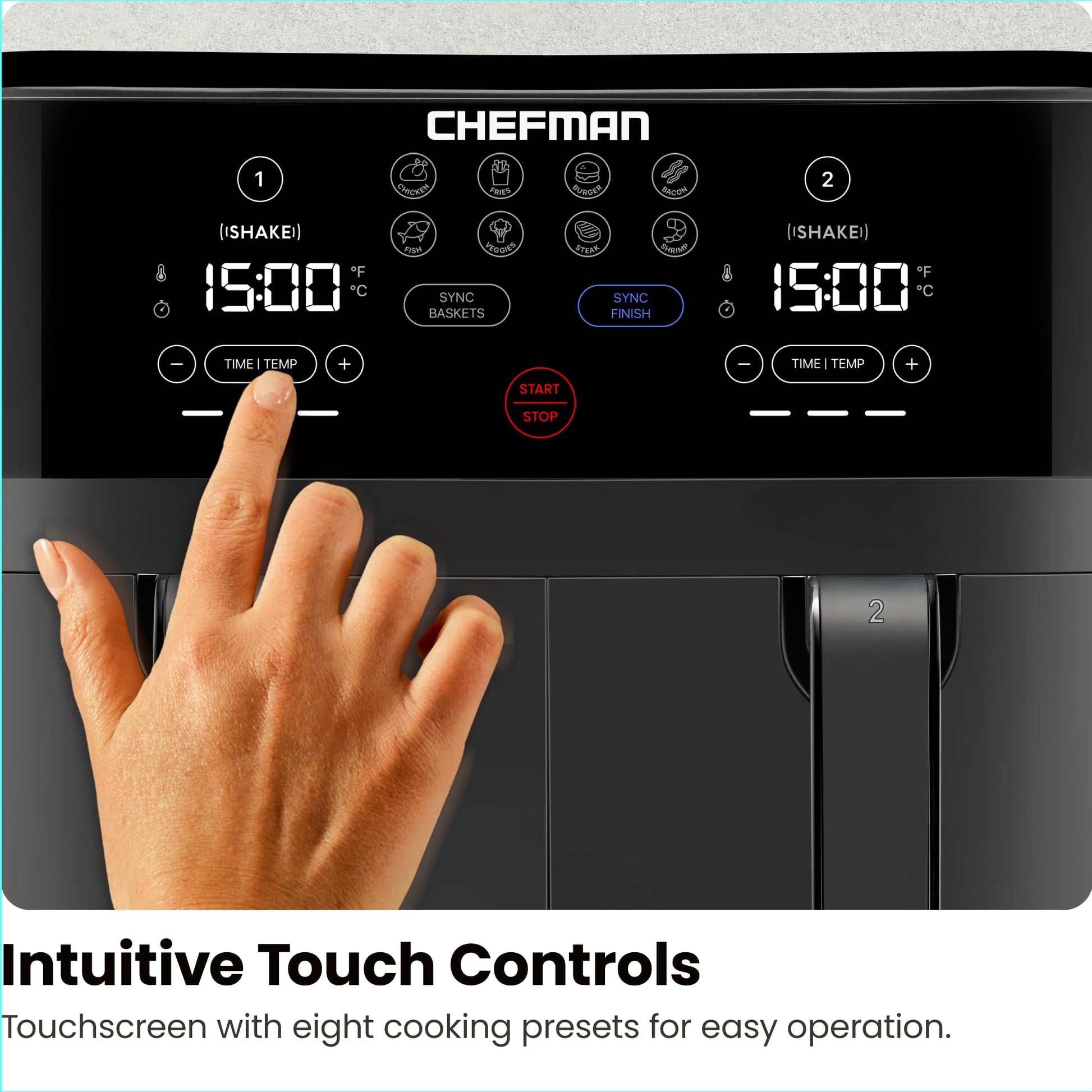 Chefman TurboFry 9-Qt. Dual-Basket Air Fryer with Sync Finish, One-Touch Digital Control, & Shake Reminder for Quick, Healthy, Family-Sized Meals, Black Chefman