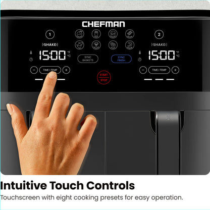 Chefman TurboFry 9-Qt. Dual-Basket Air Fryer with Sync Finish, One-Touch Digital Control, & Shake Reminder for Quick, Healthy, Family-Sized Meals, Black Chefman