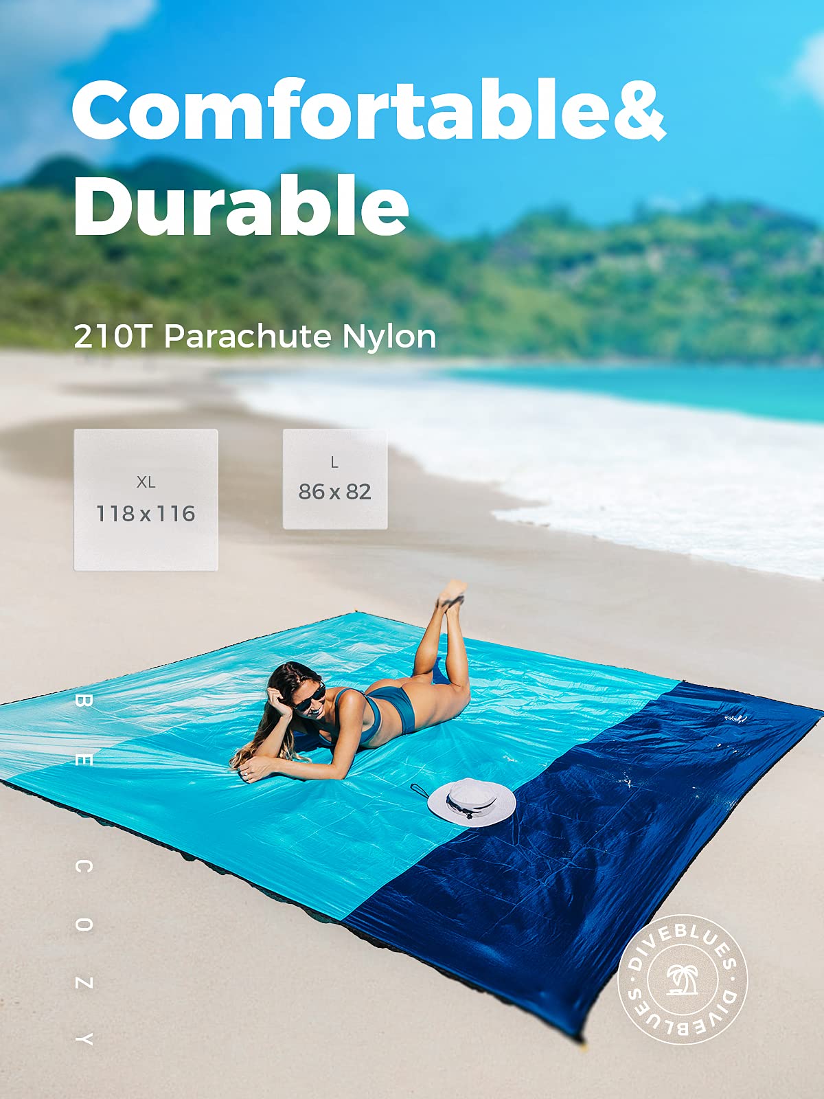 OCOOPA Beach Blanket Sand Free, Super Large 7.2'×6.8', Sandproof Waterproof, Soft Comfortable Sturdy Material, Wide Stripe Design, Light Weight Compact for Picnic, Vacations