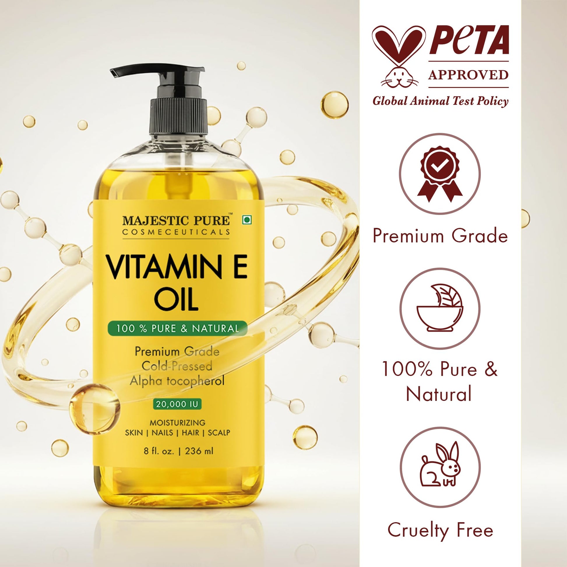 Majestic Pure Vitamin E Oil - 100% Pure & Natural, 20,000 IU | Premium Grade, Cold-Pressed and Tocopherol to Repair Dry, Damaged Skin| Moisturizing Skin, Hair and Scalp 8 Fl Oz