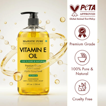 Majestic Pure Vitamin E Oil - 100% Pure & Natural, 20,000 IU | Premium Grade, Cold-Pressed and Tocopherol to Repair Dry, Damaged Skin| Moisturizing Skin, Hair and Scalp 8 Fl Oz
