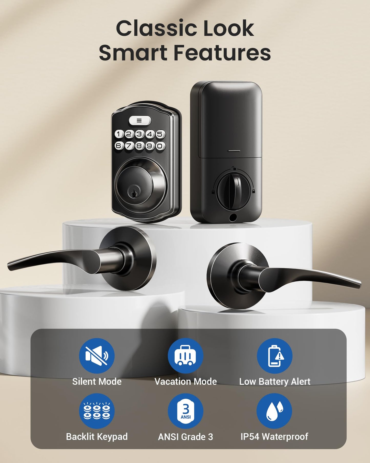 Veise KS01B Keypad Door Lock with 2 Lever Handles Set, Matte Black Veise