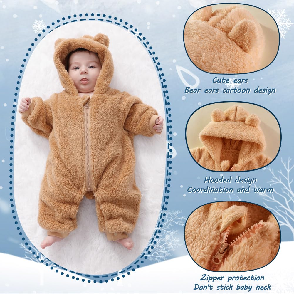 AiWMGL Baby Bear Hooded Fleece Romper Snowsuit, Brown, 0-3 M 🍁 All In One Marketplace Canada