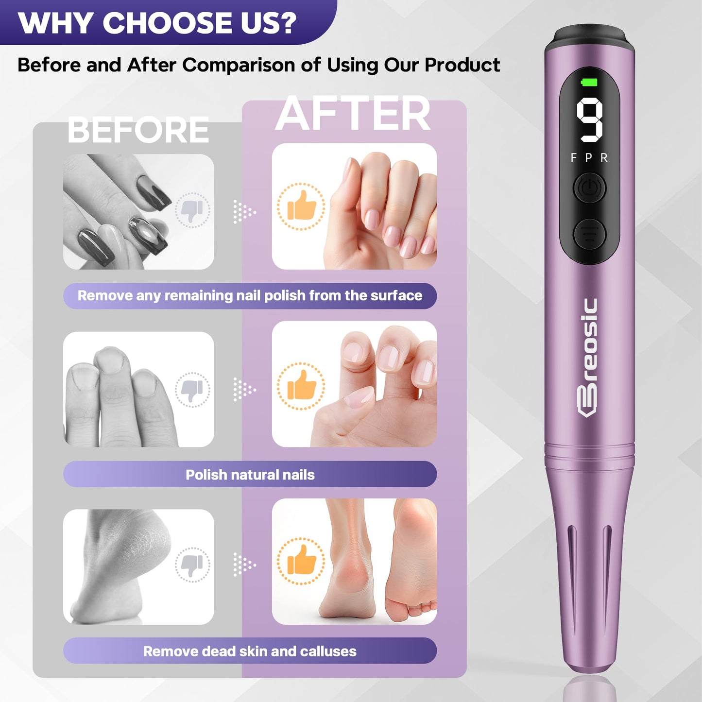 Breosic Electric Nail Drill 35000RPM,12-in-1 Nail File Portable USB-Rechargeable Cordless Nail Drill Professional with 9-Speed & LED Display Manicure Pedicure Nail Kits for Acrylic & Gel Nails(Purple) - Available at All In One Marketplace Canada