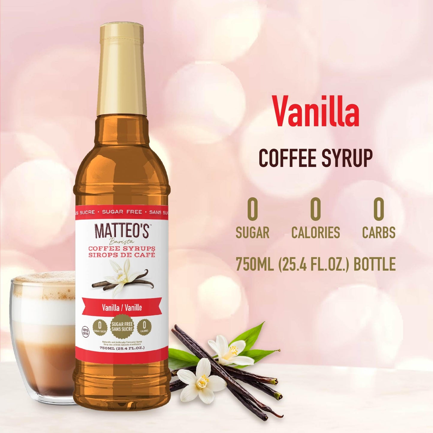 Matteo's Vanilla Barista Coffee Syrup - Sugar Free, Zero Carb, Keto-Friendly - 25.4 Oz Bottle, 6-Pack