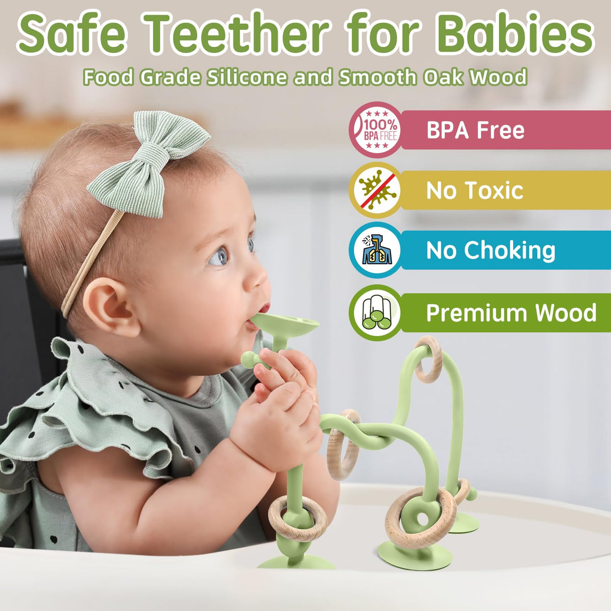 Baby Sensory Suction Toy for High Chair, Food-Grade Silicone Pull String with Wooden Loop, Montessori Educational Toy for Babies 6-24 Months, Fun Bath & Table Activity Gift for Easter Christmas, Green 🍁 All In One Marketplace Canada