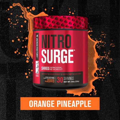 NITROSURGE Shred Thermogenic Pre Workout Supplement - Energy Booster, Instant Strength Gains, Sharp Focus, Powerful Pumps - Nitric Oxide Booster & PreWorkout Powder - 30Sv, Orange Pineapple - Available at All In One Marketplace Canada