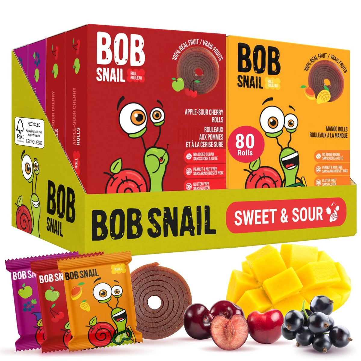 Bob Snail Fruit Roll Ups – Healthy Sweets Snacks, Real Dried Fruits, No Added Sugar, Vegan, Nut Free, Candy for Adults, Kids, with Mango, Cherry, Blackcurrant – Bulk 80 pcs Rolls, 800g 🍁 All In One Marketplace Canada