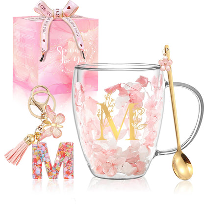Personalized Gifts for Women Flower Glass Coffee Mug Initial Tea Cup Monogrammed Customized Bridesmaid Bride Wedding Graduation Gifts Valentine Mother's Day for Mom Sister Birthday Christmas Gifts (M) 🍁 All In One Marketplace Canada