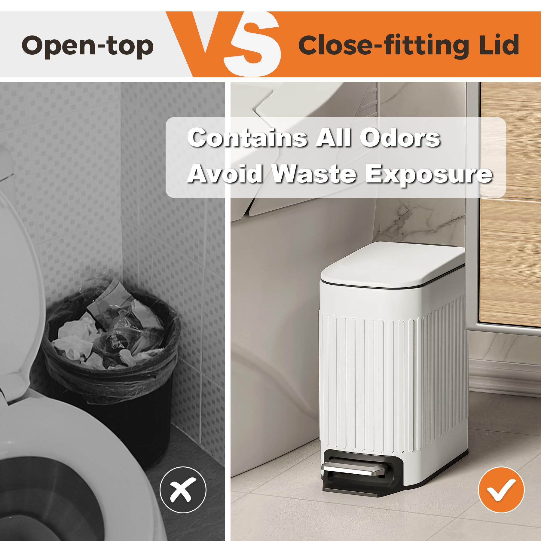 TrashAid Slim Bathroom Trash Can with Lid Soft Close, 6 Liter/1.6 Gallon Stainless Steel Small Garbage Can with Removable Inner Bucket, Step Pedal, Slim Wastebasket for Toilet, Office, Bedroom, White - Available at All In One Marketplace Canada