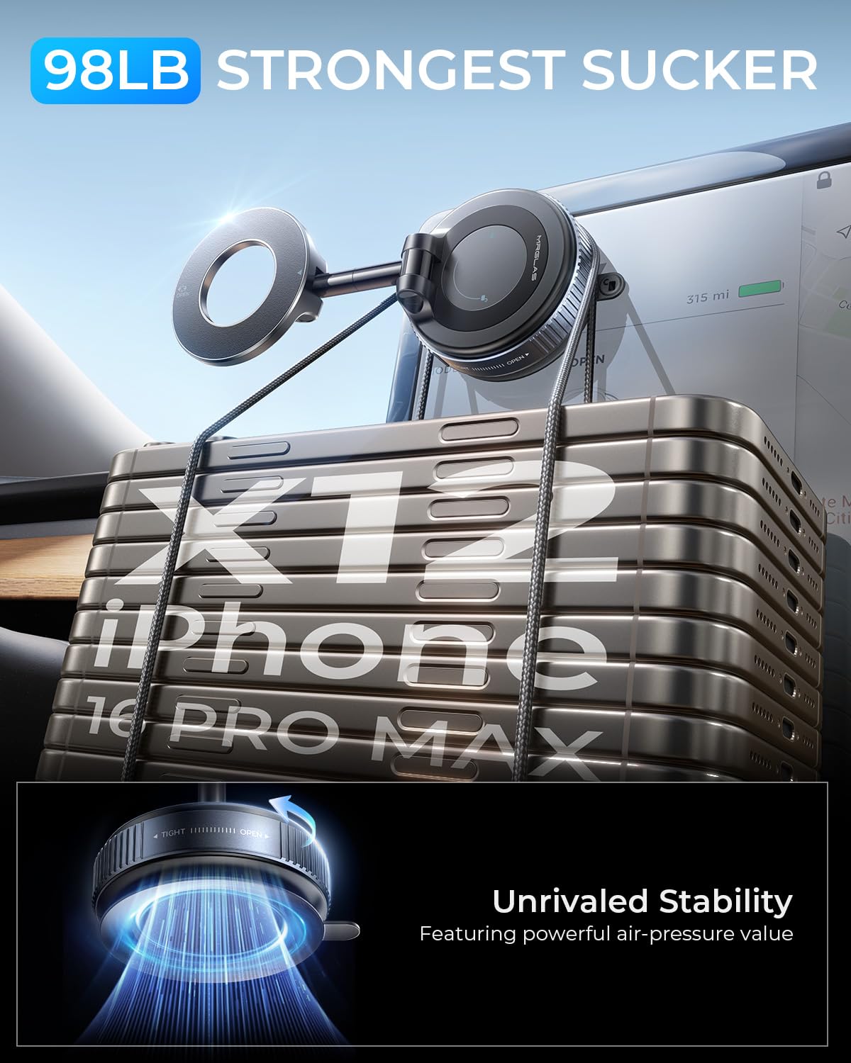 MRGLAS 2026 Upgraded Vacuum Suction Phone Holder for Car, Magsafe Car Phone Holder Mount, [98+LBS Suction & 2800gf Magnetic] 360° Adjustable Shower & Wall Mount, Car Accessories for iPhone 17 Pro Max - Available at All In One Marketplace Canada