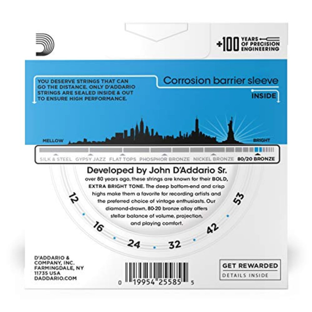 D’Addario Guitar Strings - Acoustic Guitar Strings - 80/20 Bronze - For 6 String Guitar - Deep, Bright, Projecting Tone - EJ11-3D - Light, 12-53 - 3-Pack