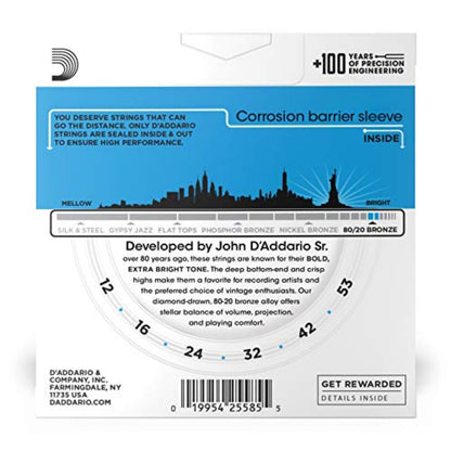 D’Addario Guitar Strings - Acoustic Guitar Strings - 80/20 Bronze - For 6 String Guitar - Deep, Bright, Projecting Tone - EJ11-3D - Light, 12-53 - 3-Pack