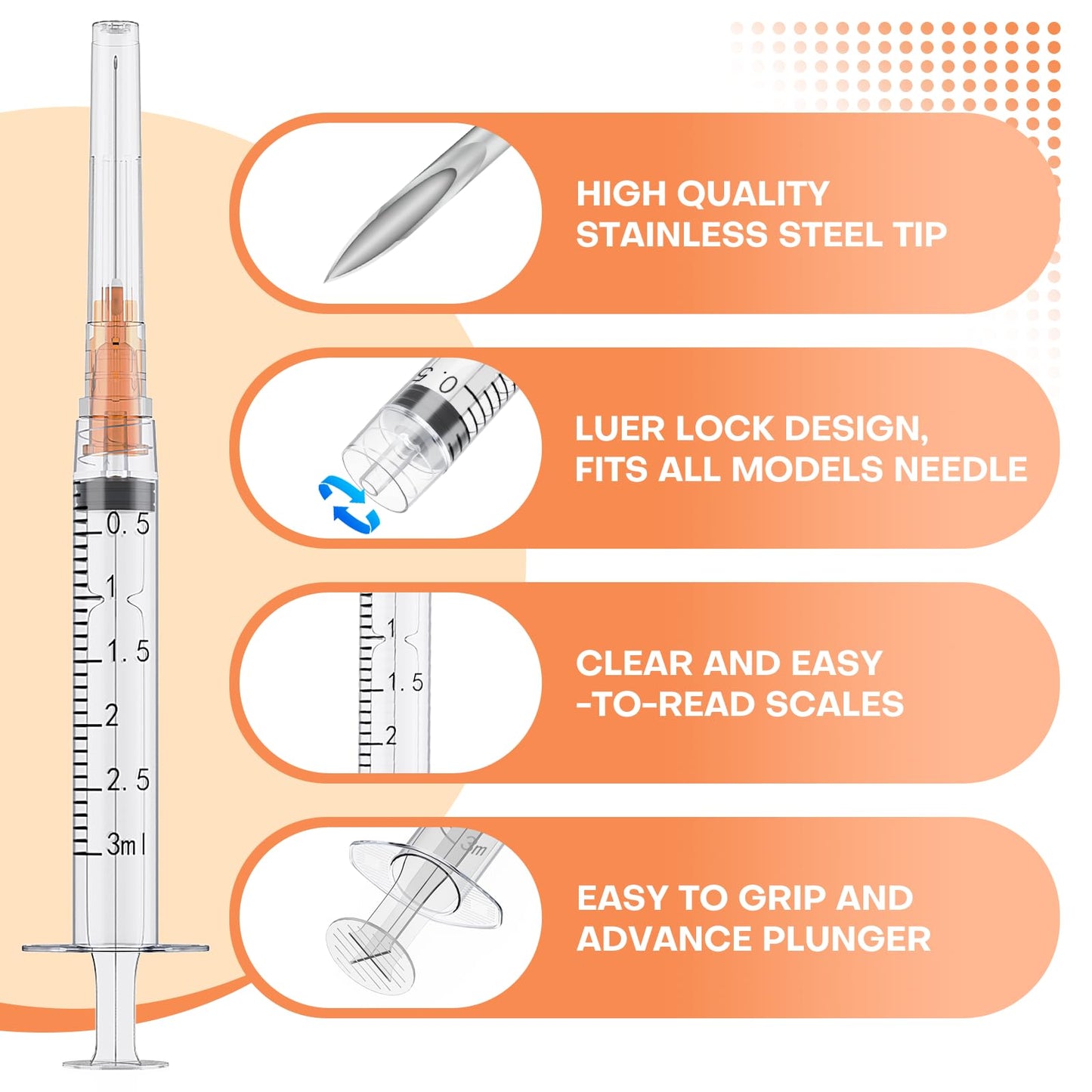 3ml Luer Lock Syringes with 25 Gauge 1 Inch Needles, Luer Lock Disposable Accessories for Lab, Pack of 25