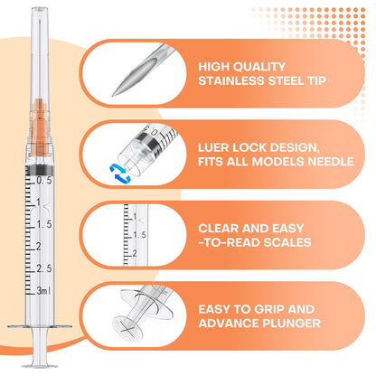 3ml Luer Lock Syringes with 25 Gauge 1 Inch Needles, Luer Lock Disposable Accessories for Lab, Pack of 25