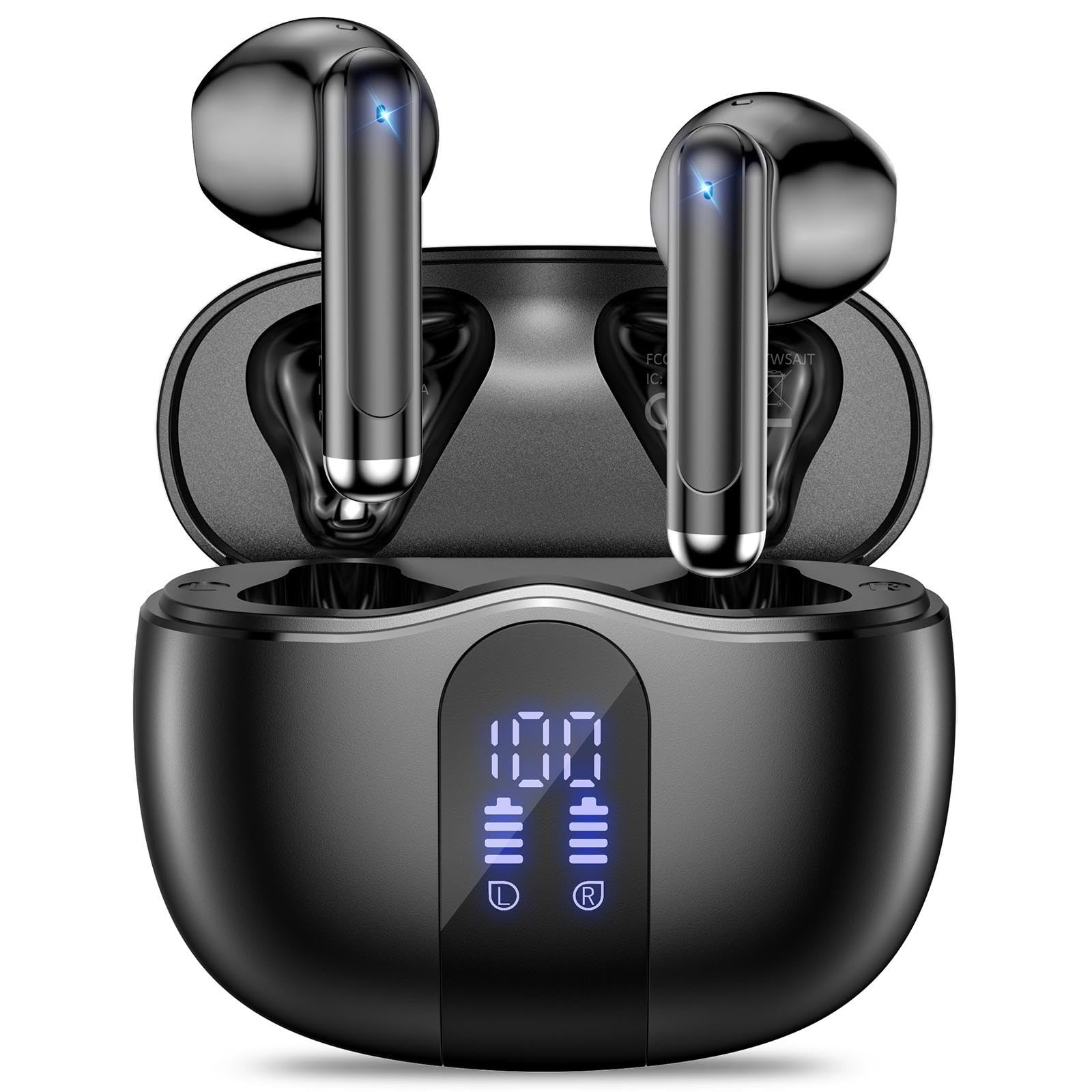 Wireless Earbuds, Bluetooth 5.4 Bass Stereo Headphones with 4 ENC Mic, 50H Playback Ear Buds with Charging Case LED Display,Sport Earphones IPX7 Waterproof for Phone, Android, Pad, DeepBlack