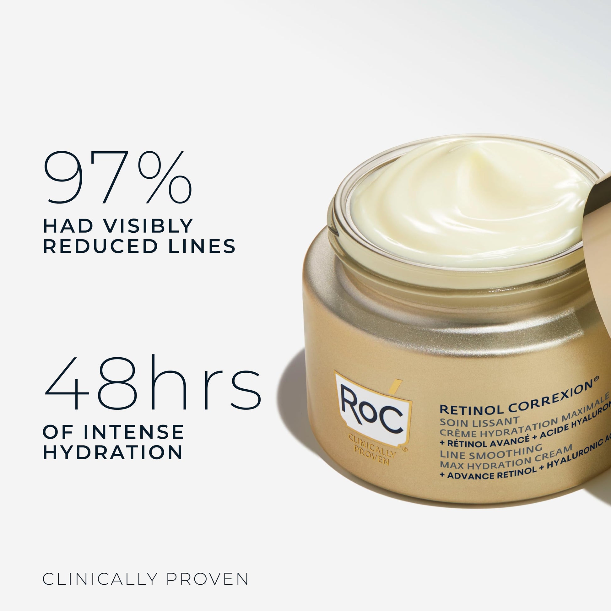 RoC Retinol Correxion Max Daily Hydration Anti-Aging Face Moisturizer with Hyaluronic Acid, Oil Free Skin Care Cream for Fine Lines, Dark Spots, Post-Acne Scars, 50ml, with Retinol Eye Cream Packette RoC