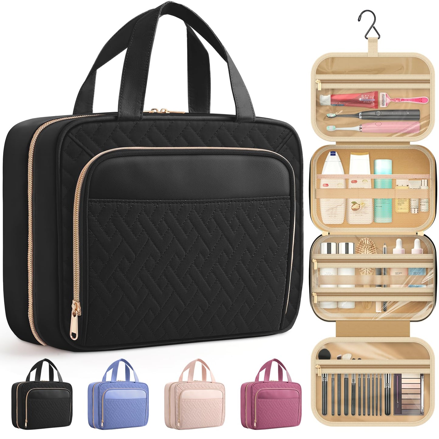HOTOR Travel Toiletry Bag for Women - Spacious Toiletry Bag for Men, Waterproof Makeup Bag with Hanging Hook and Multiple Pockets, Travel Accessories, Travel Essentials, Black, Medium