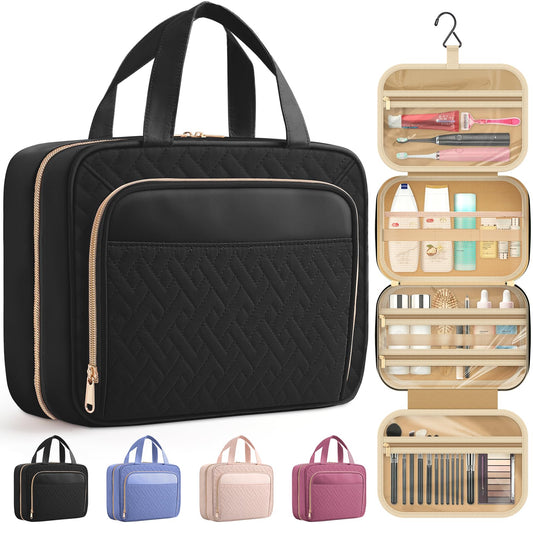 HOTOR Travel Toiletry Bag for Women - Spacious Toiletry Bag for Men, Waterproof Makeup Bag with Hanging Hook and Multiple Pockets, Travel Accessories, Travel Essentials, Black, Medium