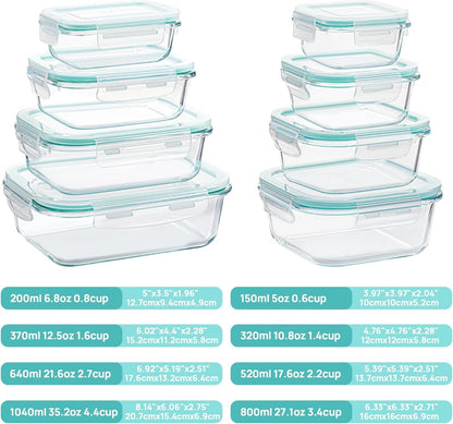 Vtopmart 8 Pack Glass Container Food Storage, Meal Prep Containers, Airtight Lunch Boxes with Leak Proof Locking Lids, for Microwave, Oven, Freezer and Dishwasher, Green