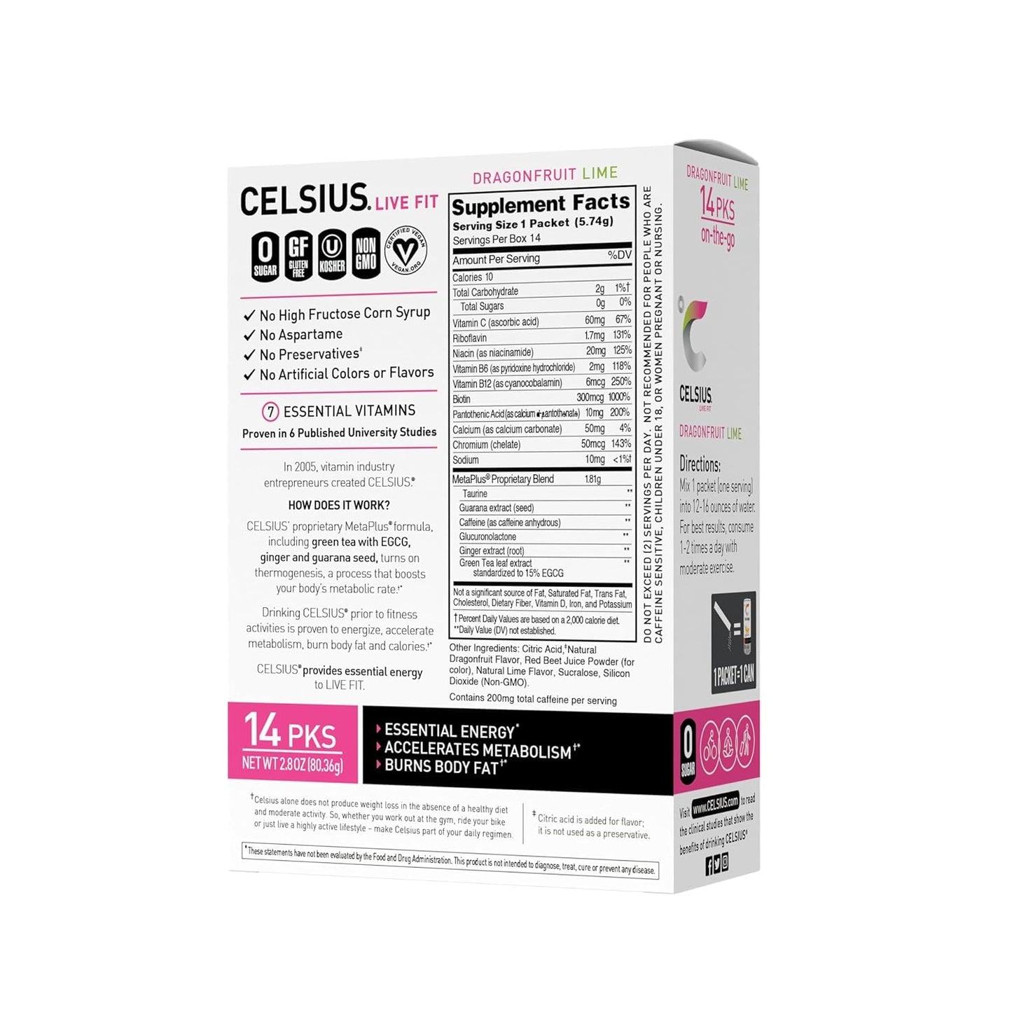 CELSIUS Dragonfruit Lime Energy Drink Powder Stick Packs - 14 Count