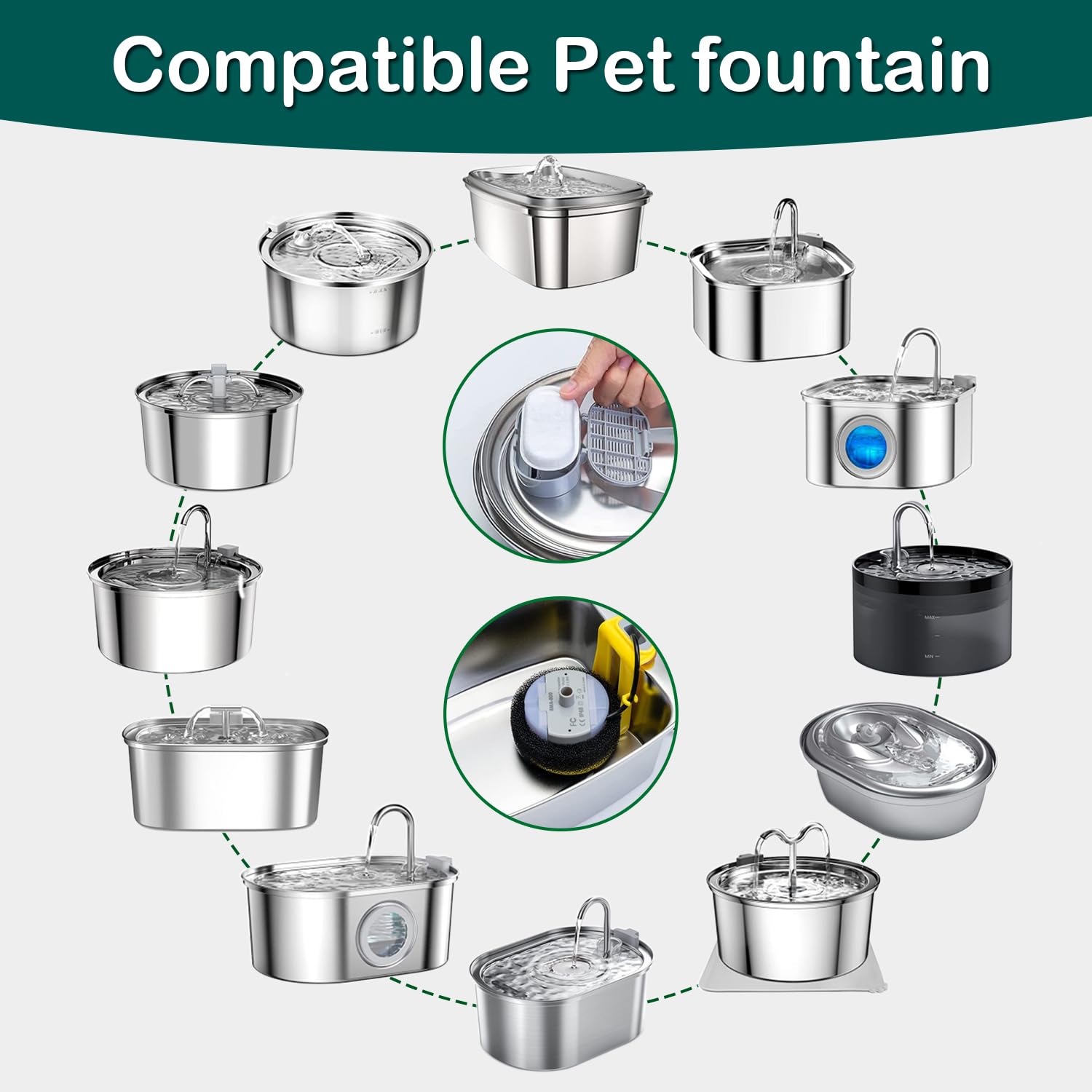 Cat Water Fountain Filters,16 Pack Cat Fountain Replacement Filters(4 Month Supply) for Stainless Steel 67oz/2L Adjustable Water Flow Pet Water Dispenser,Dog Fountain(8+8 Pack)