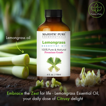 Majestic Pure Lemongrass Essential Oil - Huge 118 ml - 100% Pure and Natural Oil for Soap Making Scent- Premium Grade with Glass Dropper