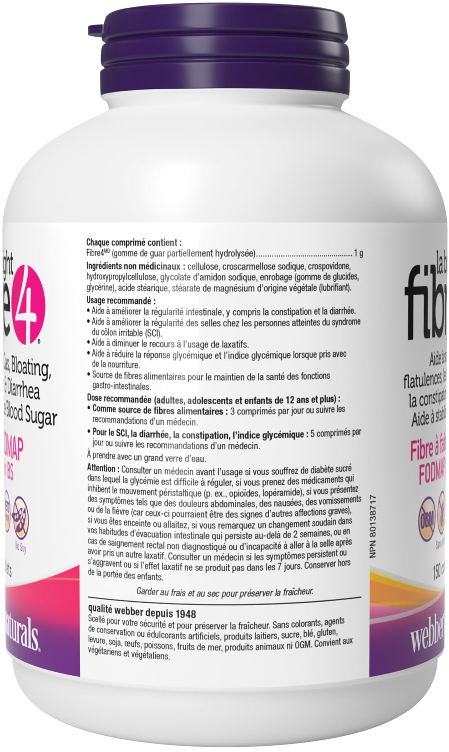 Webber Naturals The Right Fibre4 IBS Intestinal Discomfort Tablets, 150 Tablets, Fibre Supplement for Digestive Health, Low-FODMAP, Vegan - Available at All In One Marketplace Canada