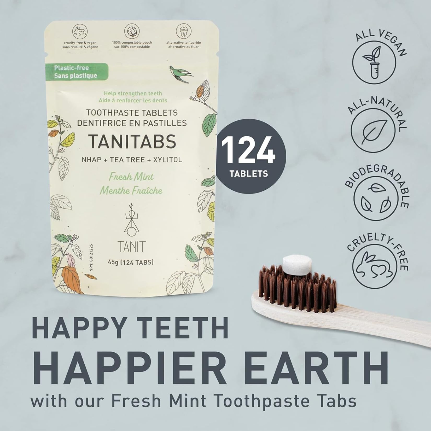 TANITABS Toothpaste Tablets with Hydroxyapatite & Xylitol, 124 Count, Fluoride-Free Toothpaste Tabs for Sensitive Teeth, Fresh Mint, Travel Toothpaste Tablets, Plastic-Free Refill Pack, Vegan - Available at All In One Marketplace Canada