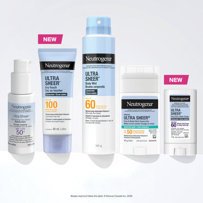 Neutrogena Ultra Sheer Body Mist Sunscreen Spray SPF 45 for UVA/UVB Broad Spectrum Sun Protection, Lightweight, Water-Resistant, Oil-Free & Non-Comedogenic, Oxybenzone-free, 141g