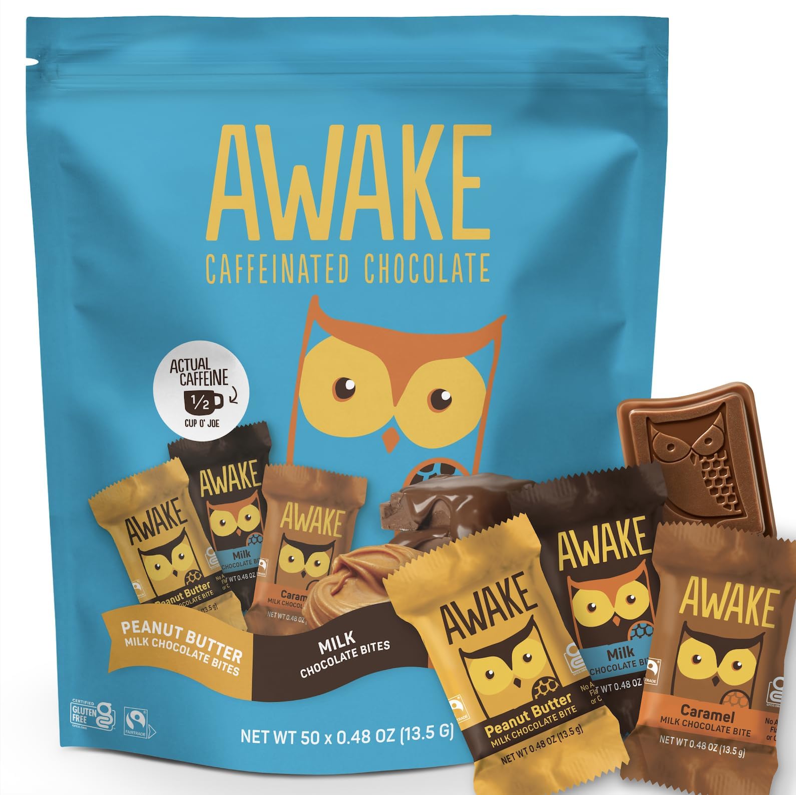 AWAKE Caffeinated Chocolate Bites Variety Pack - 50mg Caffeine, 50 Count (Peanut Butter, Milk & Caramel)