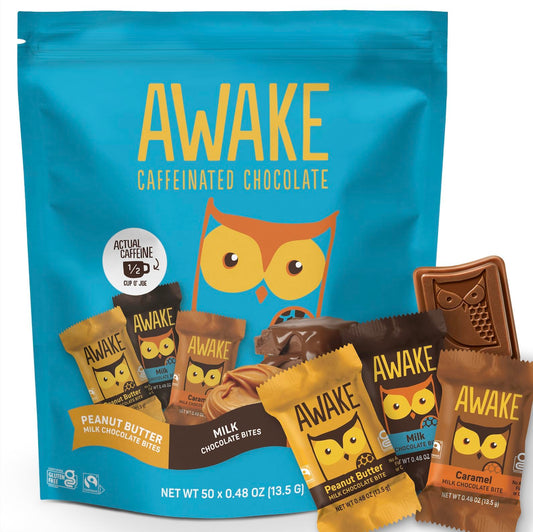 AWAKE Caffeinated Chocolate Bites Variety Pack - 50mg Caffeine, 50 Count (Peanut Butter, Milk & Caramel)