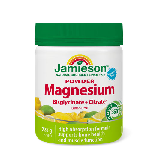 Jamieson Magnesium Bisglycinate 300 mg Per Serving, Powder Natural Lemon-Lime Flavour, 228 g, Supports Muscle Function, Bone Health, Boosts Energy. No Artificial Colours, Flavours or Preservatives - Available at All In One Marketplace Canada