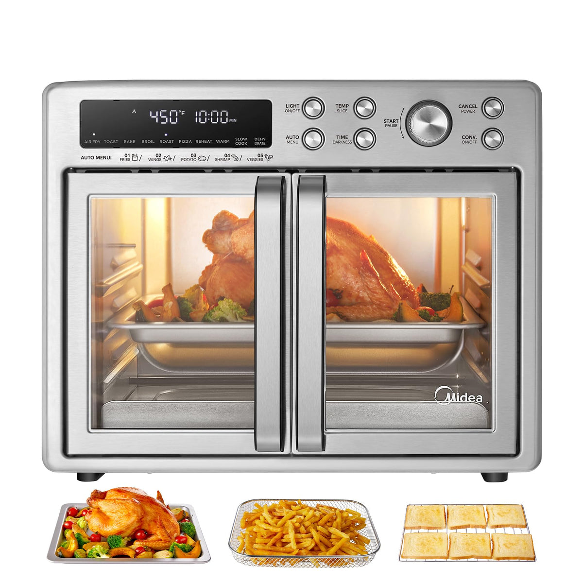 Midea 26.4Qt Air Fryer Toaster Oven, 10-in-1 French Door Combo, 1750W, SS