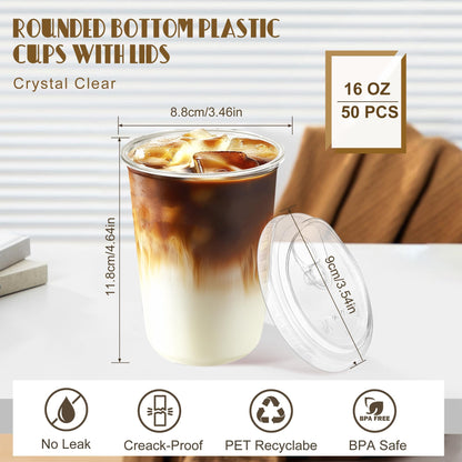 50 Pack 16oz Clear Plastic Cups with Sip Lids, Disposable Iced Coffee Cup with Strawless Lid for Party Wedding Catering Events, to Go Cups for Cold Drinks Smoothie Milkshake Lemonade Bubble - Available at All In One Marketplace Canada
