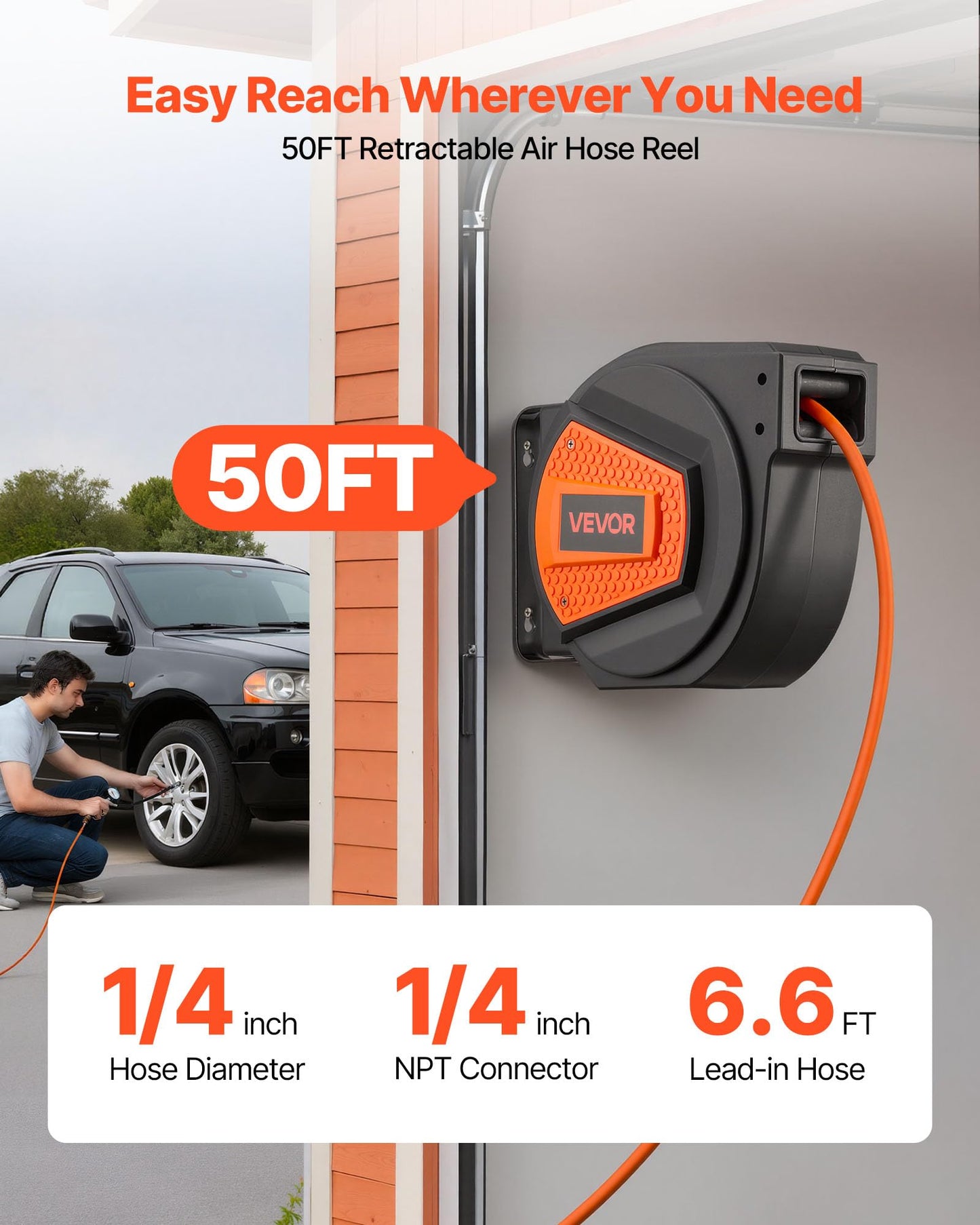 VEVOR Retractable Air Hose Reel, 1/4 Inch x 50 FT Hybrid Air Hose Max 300PSI, Enclosed Air-Compressor Hoses Reel Auto Rewind with 6.6 ft Lead in & Blow Gun, 180° Swivel Ceiling/Wall Mount VEVOR
