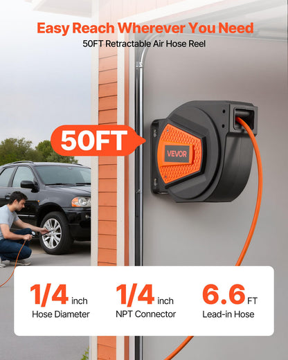 VEVOR Retractable Air Hose Reel, 1/4 Inch x 50 FT Hybrid Air Hose Max 300PSI, Enclosed Air-Compressor Hoses Reel Auto Rewind with 6.6 ft Lead in & Blow Gun, 180° Swivel Ceiling/Wall Mount VEVOR
