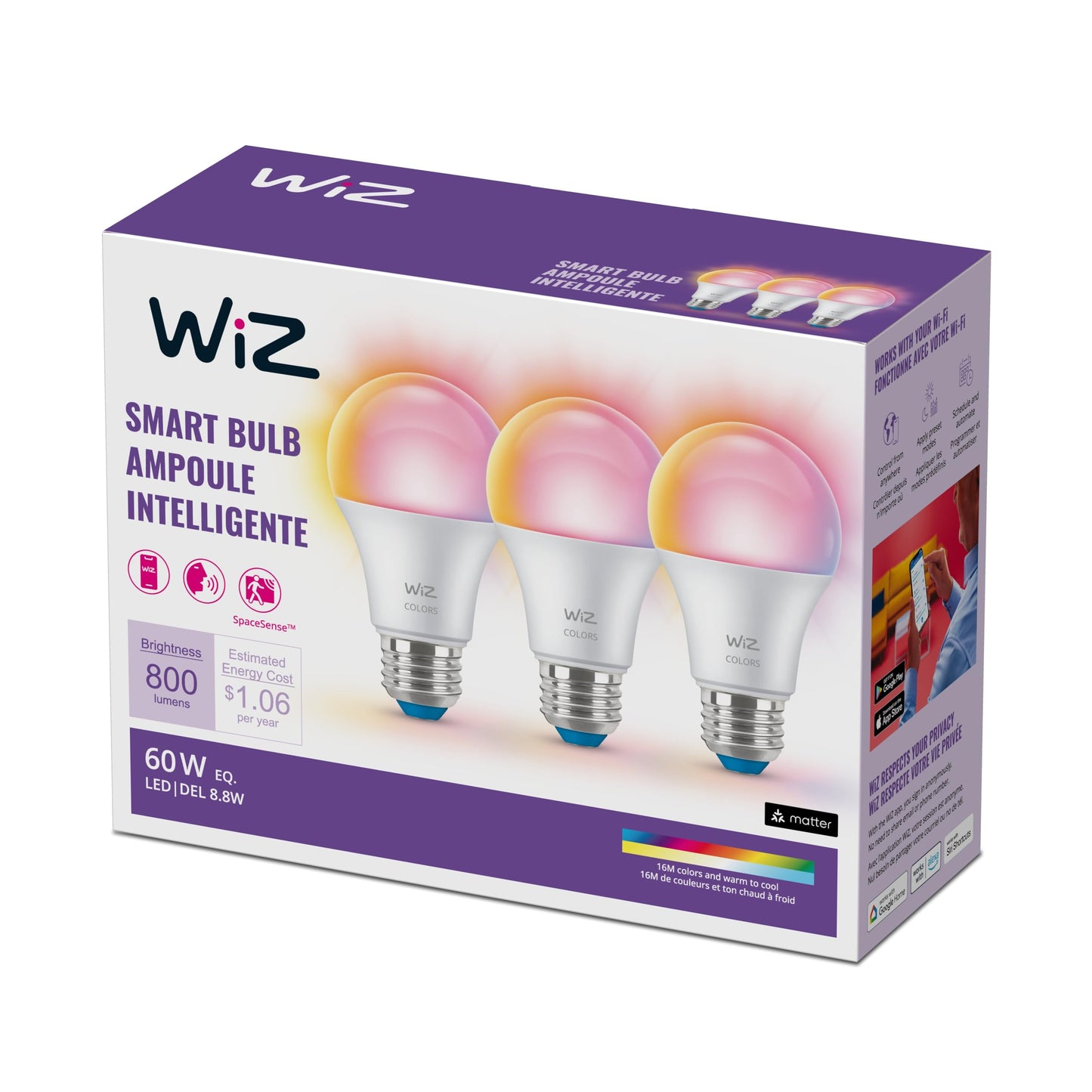 WiZ Connected 60W A19 LED Smart Light Bulbs - Connects to Your Wi-Fi - E26 Smart Bulb - Control with Voice or App + Activate with Motion - Matter Compatible - 3 Pack 🍁 All In One Marketplace Canada